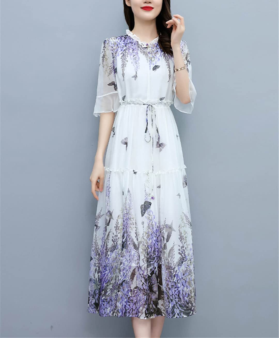 Suwequest Abito lungo da donna casual da spiaggia, estivo, in chiffon, floreale, alla moda, abiti midi per feste eleganti e di lusso