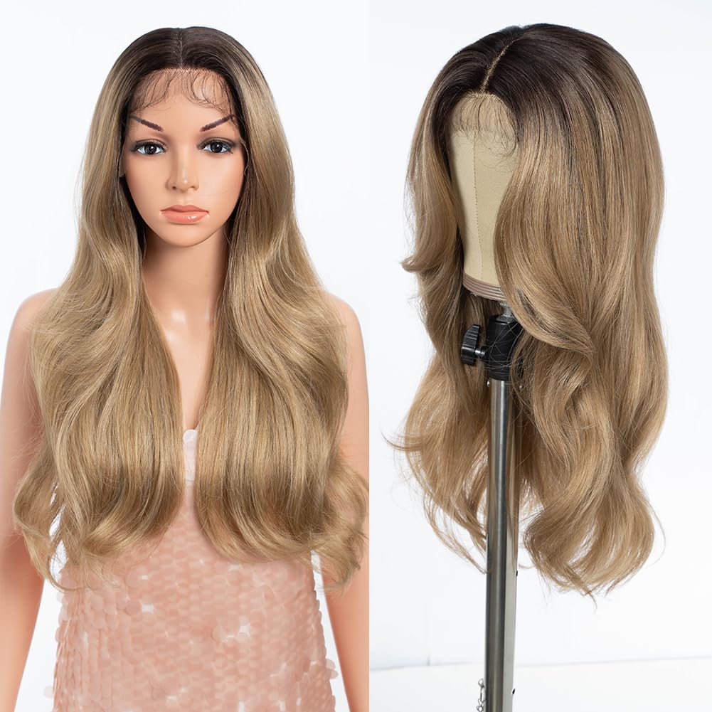 Style Icon Synthetic Lace Front Wig with Curtain Bangs 24 inch Long Wave Wig for Women Ombre Blonde Layered Wigs with Bangs Pre Plucked with Baby Hair 13x4x1 Middle Part 150% Density