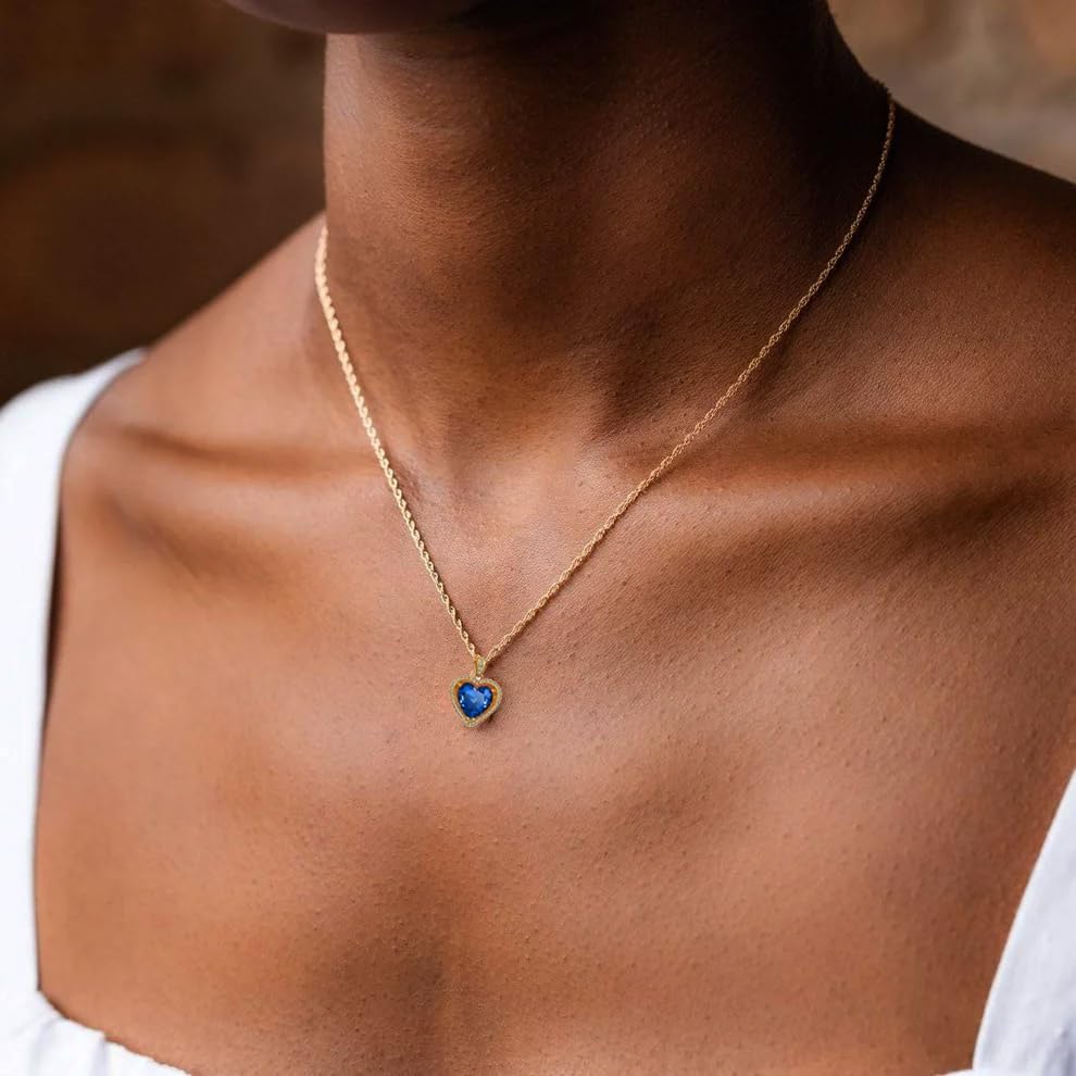 Cowlyn Forever Love Heart Pendant Necklace Simulated Birthstone Crystals Red Love Cubic Zirconia 18K Gold Rope Chain Dainty Charm Birthday Valentine Mother's Day Jewelry for Women - Image 3