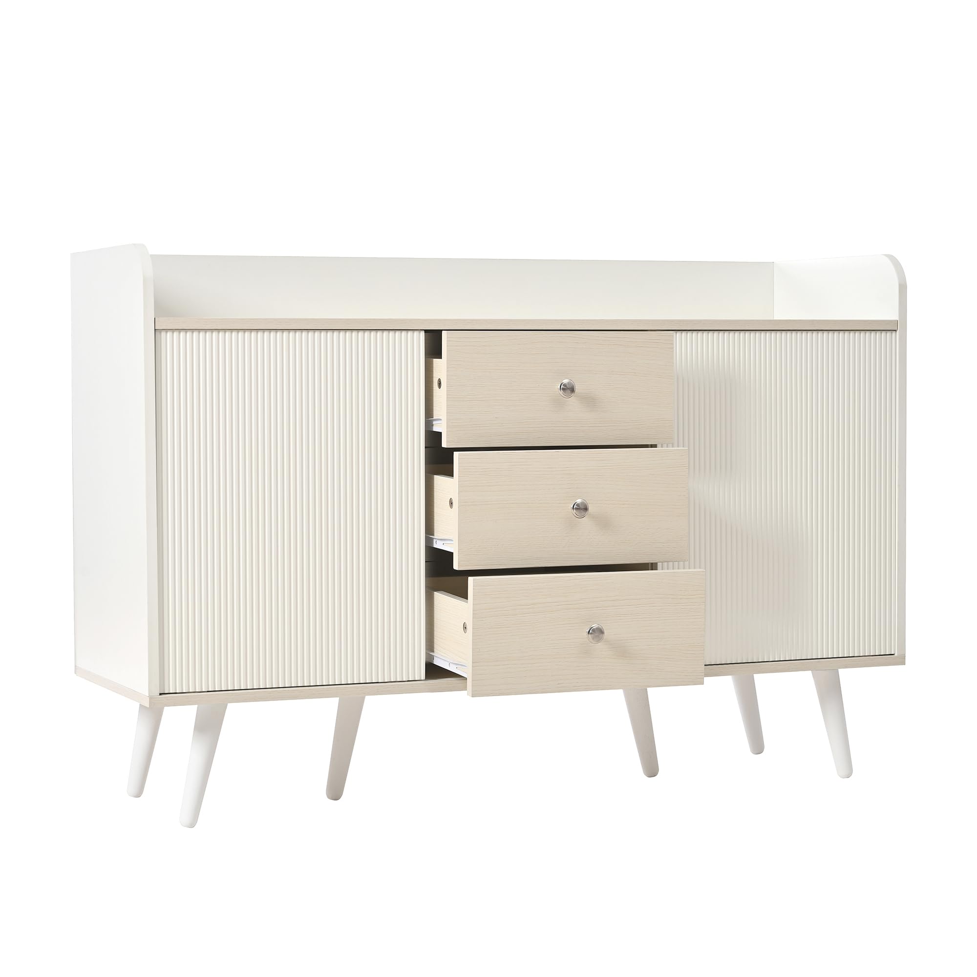 Kredens z trzema szufladami, kolor biały i drewna, MDF, 117,5 x 39,5 x 79 cm, drzwi przesuwne, regulowane regały, do salonu i sypialni