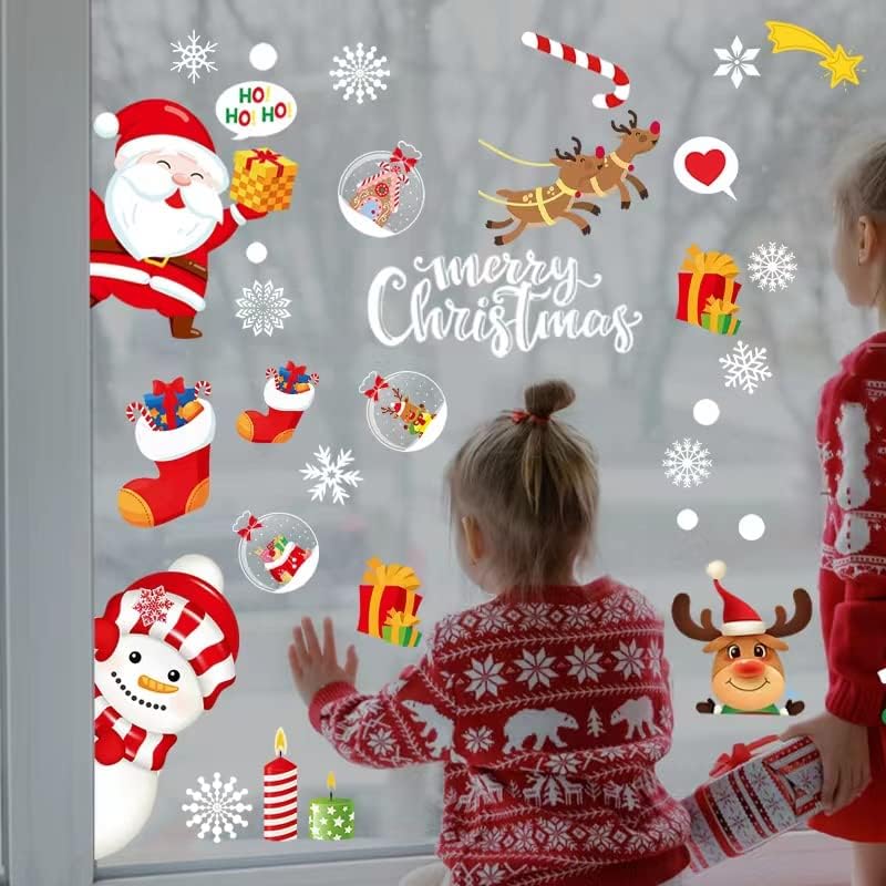 Christmas Window Stickers Reusable Double Sided 9 Sheets (275 Pcs) Santa Claus Balloon Snowman Reindeer Snowflake for Christmas Decorations