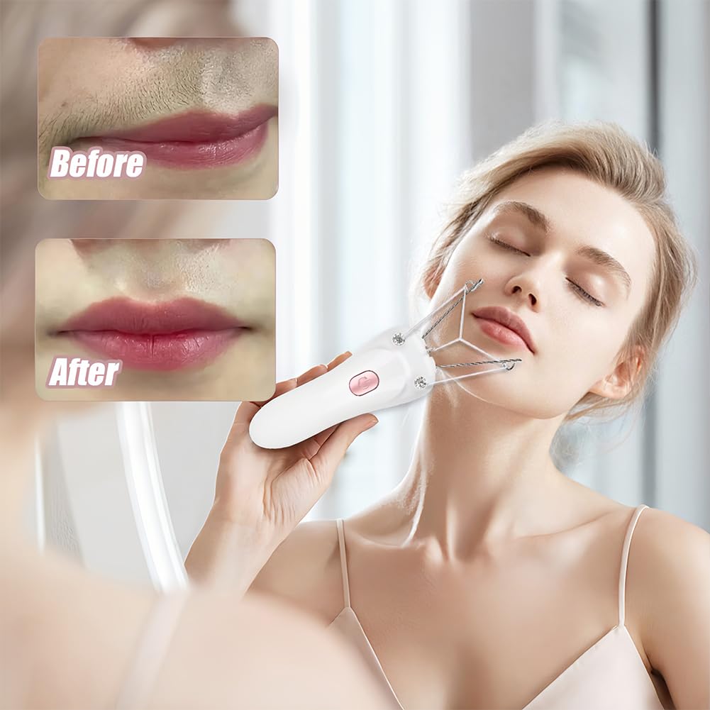 Epilatore Elettrico con Filettatura, Donna Filo di Cotone Corpo Rasoio Rimozione Filettato Elettrica dei Peli Viso Ricarica USB per Femminile Facciale Gambe Braccia Massaggiatore Bellezza Rosa