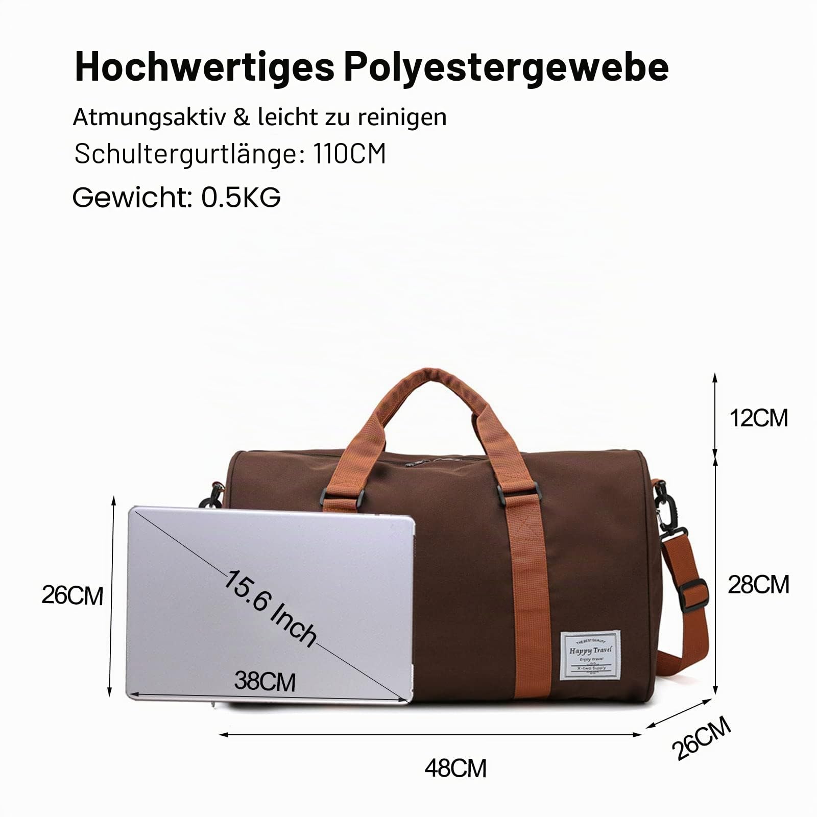 FANDARE Reisetaschen Sporttasche Damen Umhängetasche Herren Handgepäck Schultertasche Übernachtung Sporttasche Weekender Schwimmtasche Große Kapazität Trainingstasche mit Schuhfach Dunkelbraun