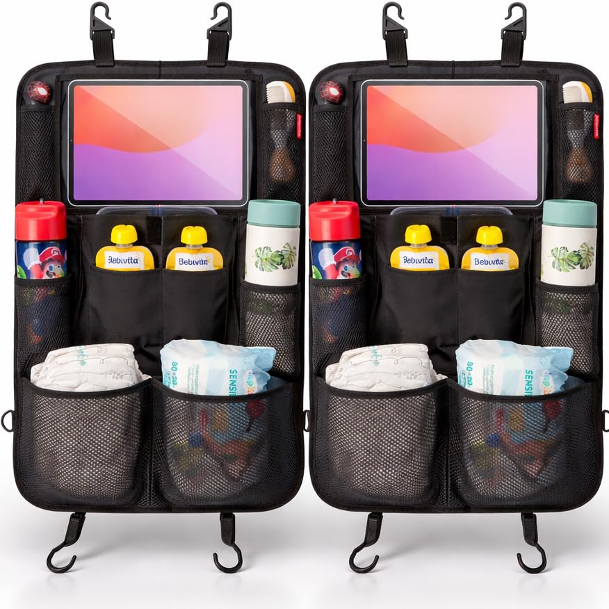 HerzensKind Autositz Organizer & Rückenlehnenschutz Sitzschutz Auto Rückenlehne mit 13 Tabletfach | Rückenlehnenschutz Auto Kinder mit 9 Taschen | Auto Organizer Kinder (2 Stück)