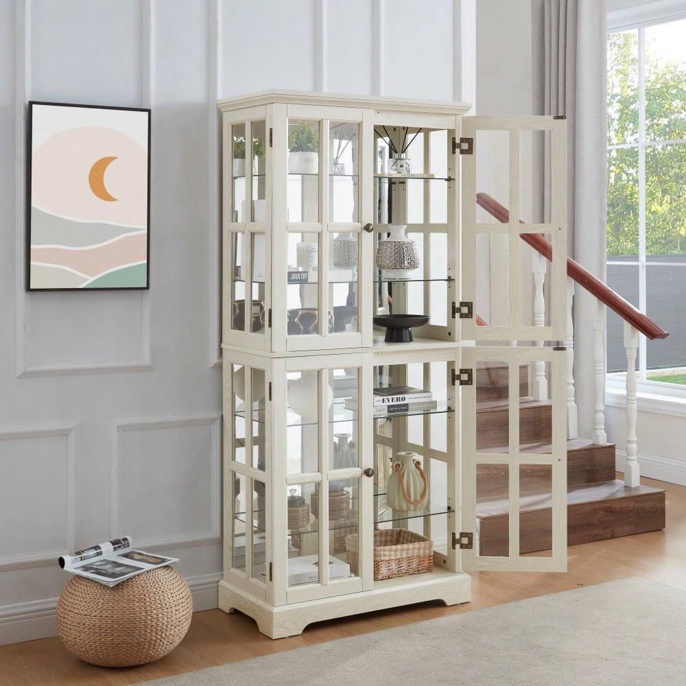 White Antique Display Cabinet, 4-Door Curio Glass Case w/Adjustable Shelves - E26 Bulb, Collectibles