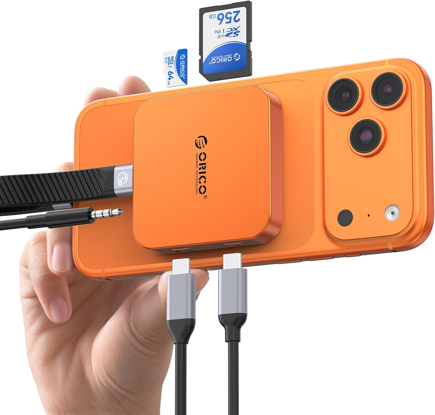 ORICO Ultra-Thin Magnetic SD Card Reader for iPhone 17/16/15 Series/iPad/MacBook, USB C Camera Adapter with SD/TF 3.0 Solt, 5Gbps USB-A, 3.5mm AUX, 100W PD Pass-Through Air5C