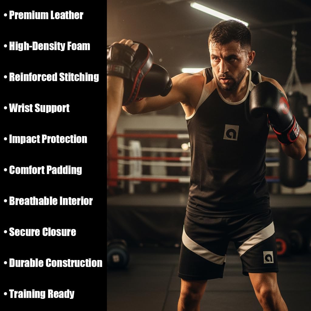 Professional Hook and Loop Leather Training Boxing Gloves, Durable Top-Grain Leather, Multi-Layered Foam, Pre-Curved Design, Ideal for Boxing, Kickboxing, Muay Thai, Sparring