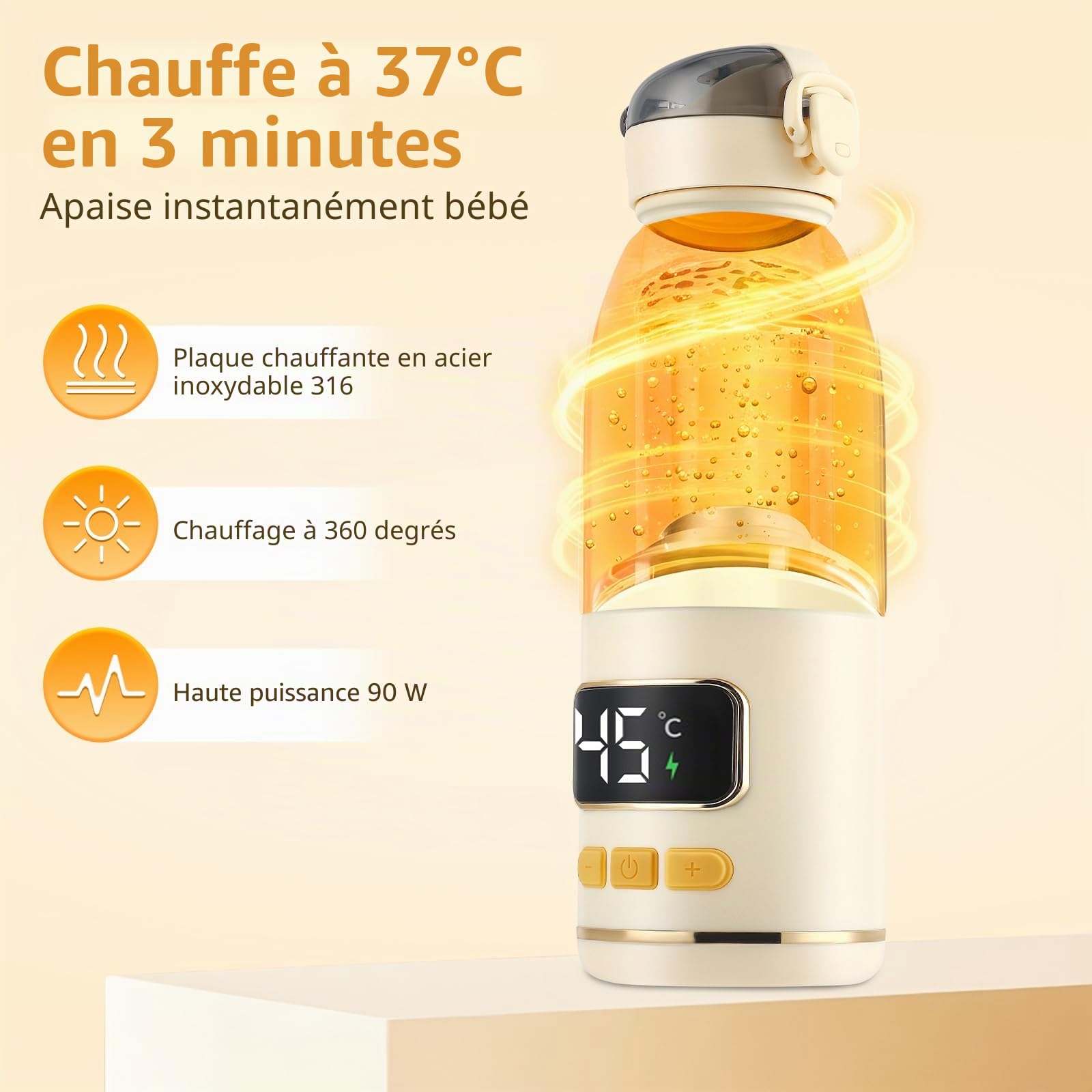 Chauffe Biberon Nomade sans Fil pour Lait Maternel, Chauffage Rapide Lait & Eau, 24h Thermos, Température Réglable 37-55°C, Chauffe-Biberon Portable pour Voyage, 450mL Type-C Rechargeable