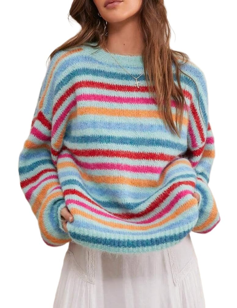 Womens 2025 Fall Winter Multi Striped Sweater Drop Shoulder Long Sleeve Crewneck Fuzzy Knit Pullover Slouchy Sweaters