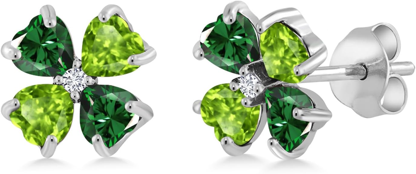 Gem Stone King 925 Sterling Silver Green Nano Emerald Green Peridot and White Lab Grown Diamond Earrings For Women | 2.83 Cttw | Gemstone May Birthstone | Heart Shape 4MM