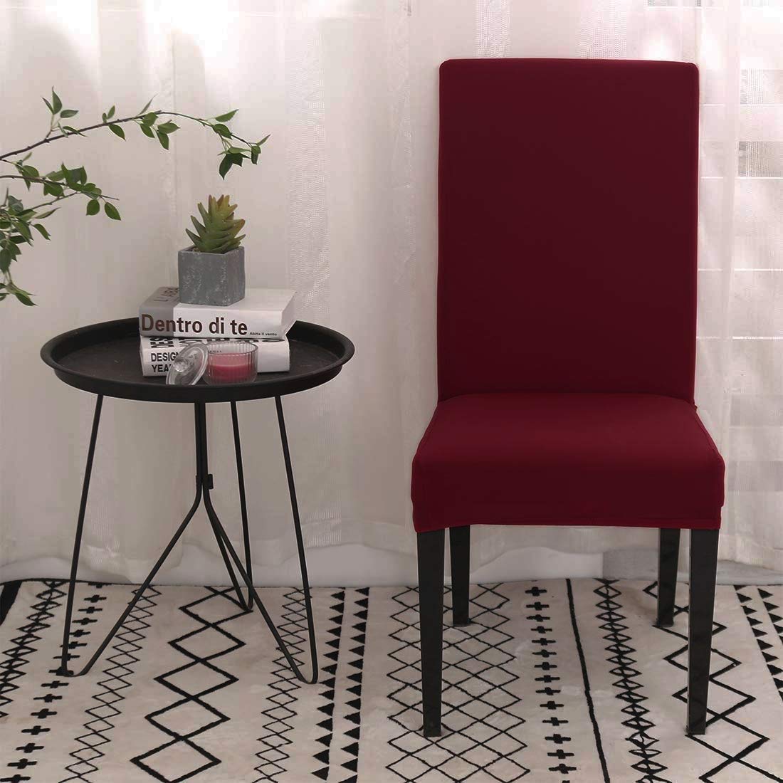 BRIDA Stretchable Elastic Floral Printed Dining Chair Slipcover Set of 6 (Plain Maroon, Standard, Polyester & Spandex) 1
