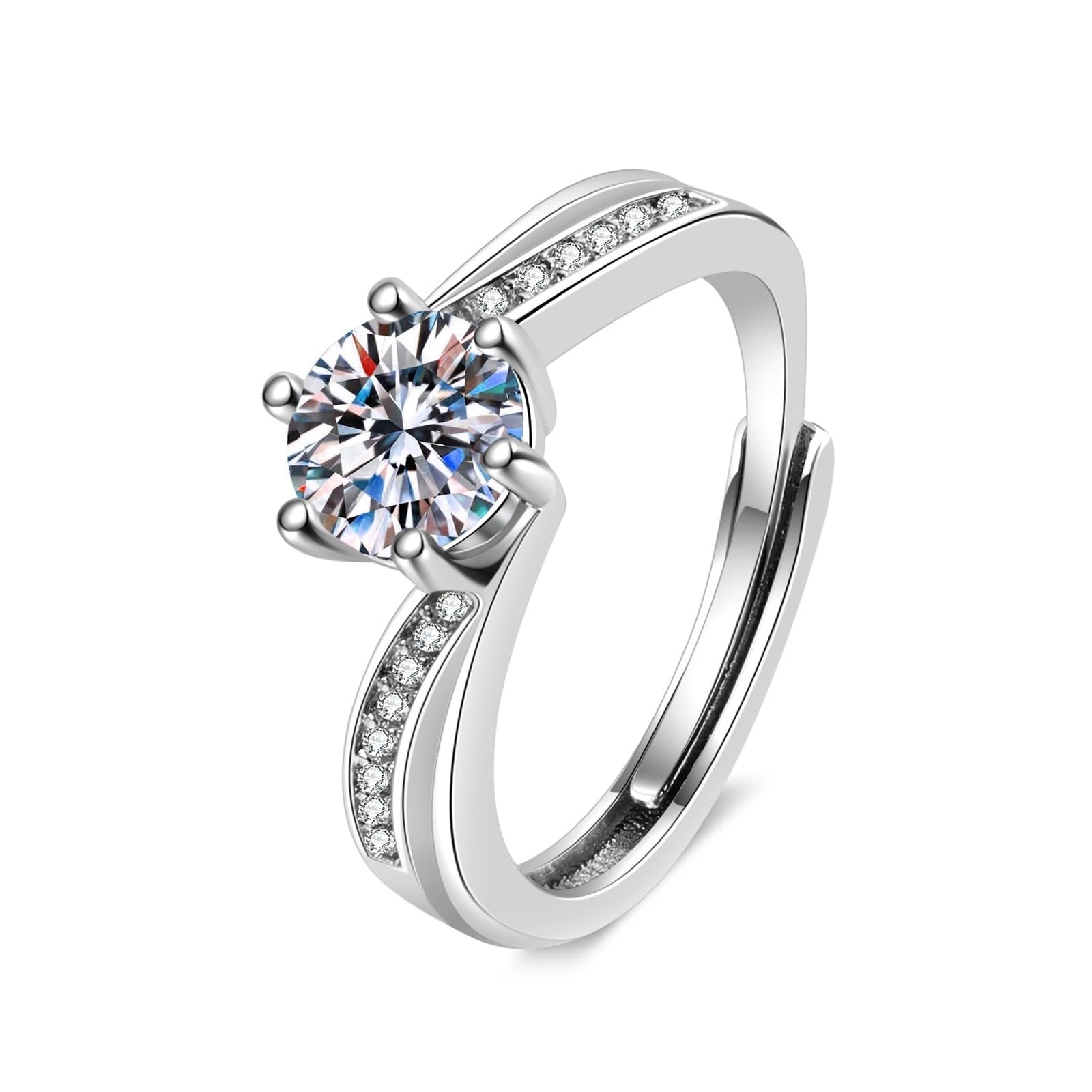 14 Karat Weißgold Promise Ring Labordiamant Weiß, Ring Frauen Gedrehter, Runder Labordiamant mit 6 Krappen, 1 Karat