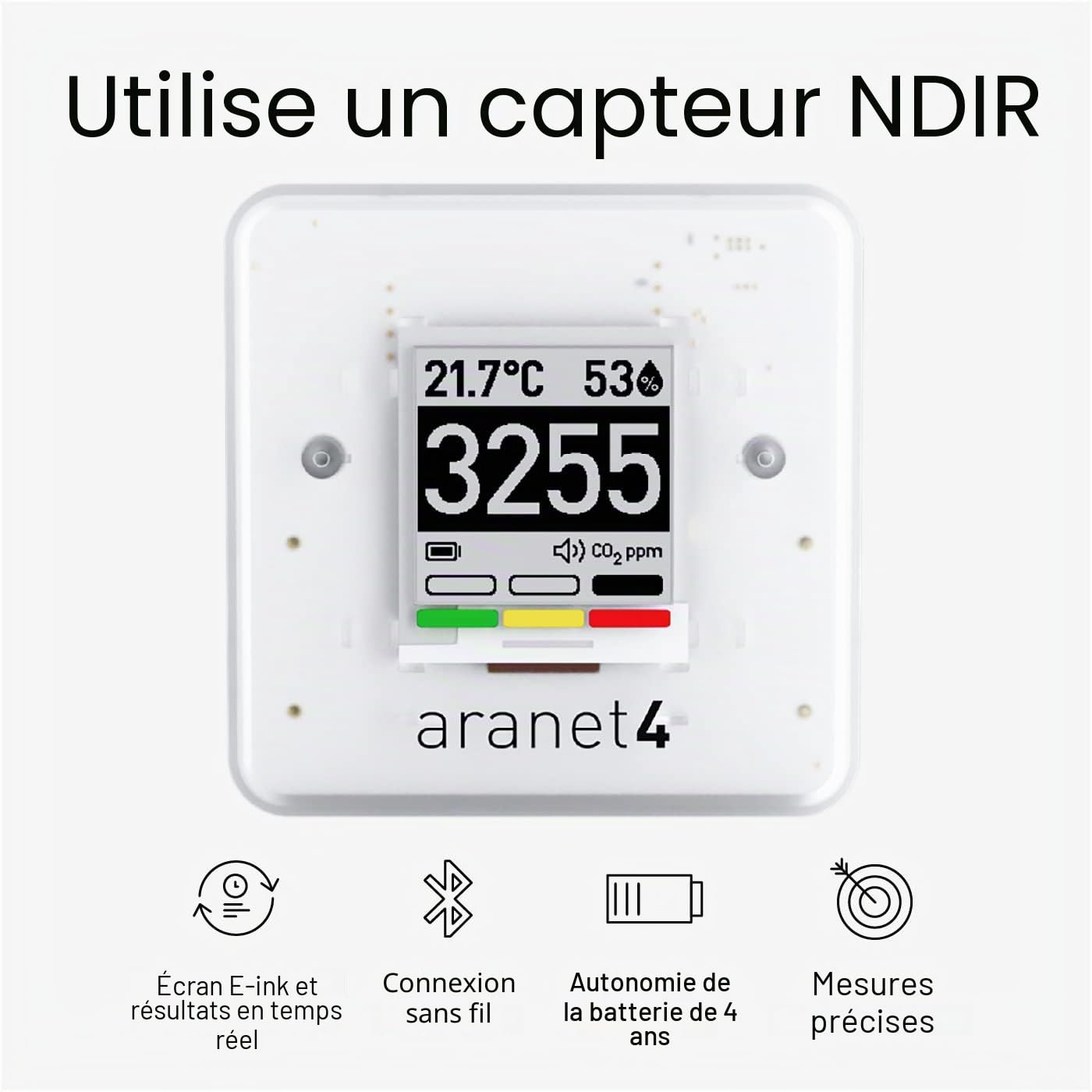 Aranet4 HOME: Moniteur de qualité de l'air intérieur sans fil pour la maison, le bureau ou l'école [CO2, température, humidité, etc.] Portable, avec batterie, écran E-Ink, application mobile