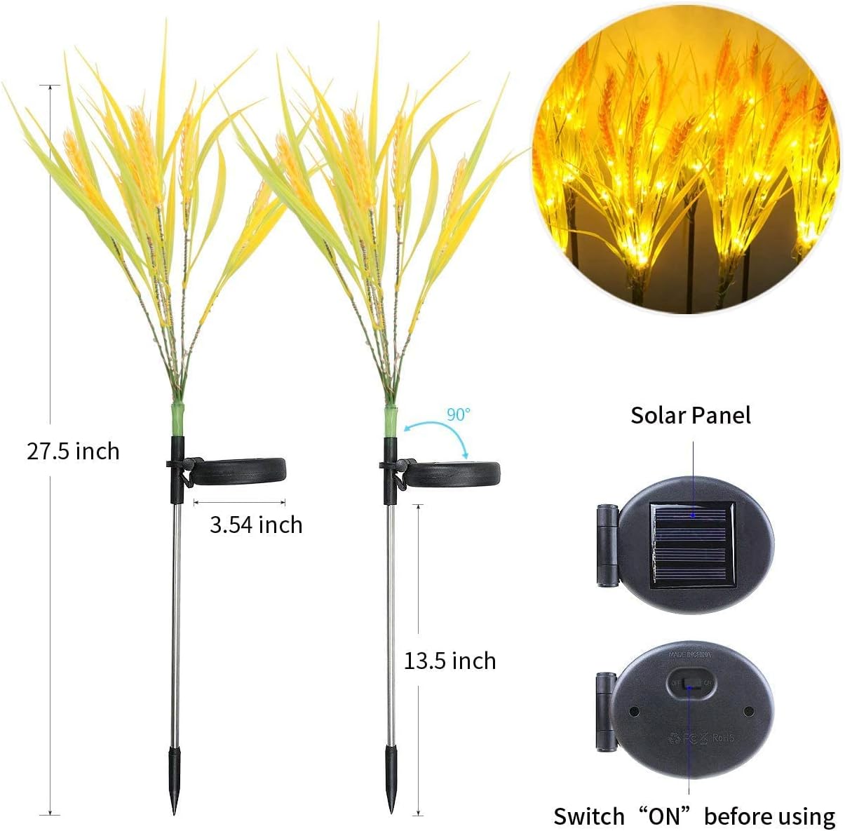 Idefair Solar Flowers Lights Outdoor, 2 Pack Solar Garden Stake Light Wheat Ear LED Waterproof for Outside Yard Pathway Lawn and Wedding