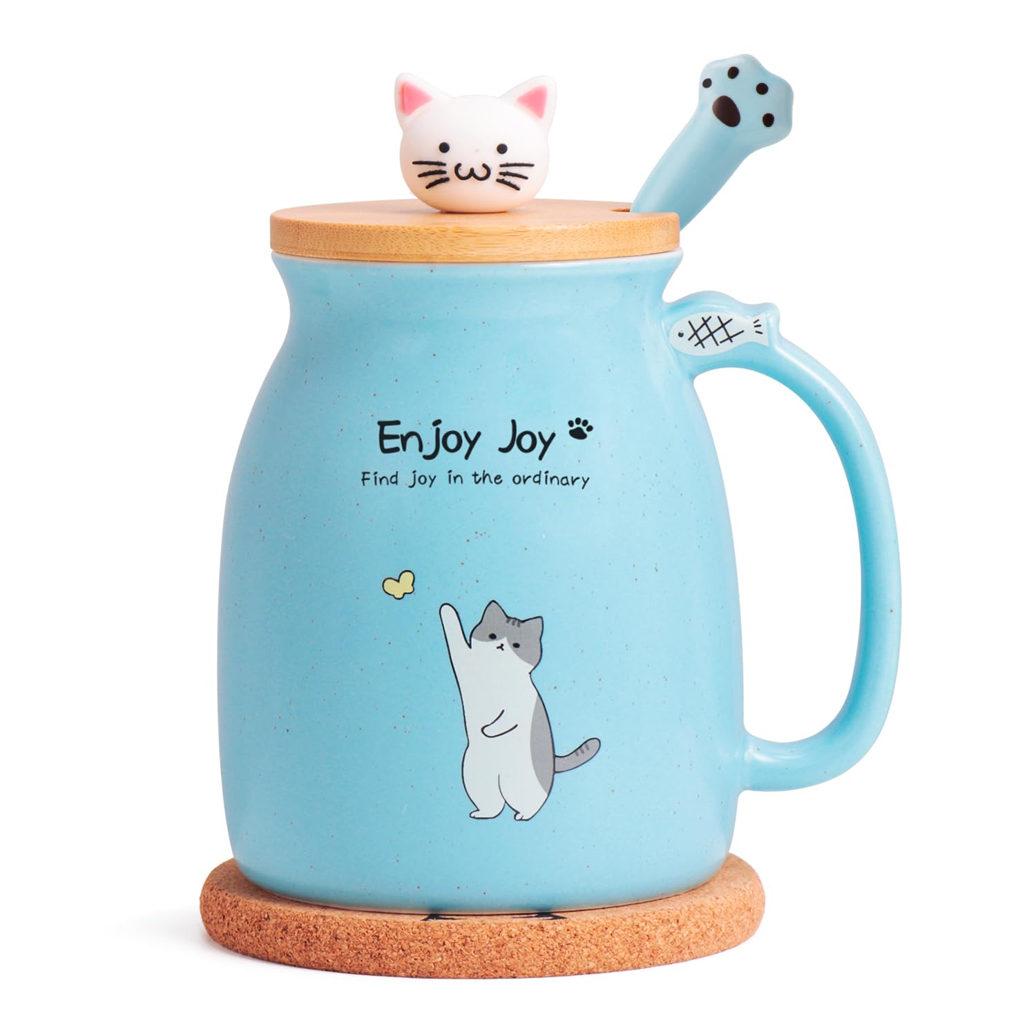Cute Cat Cup Ceramic Coffee Mug with Kawaii Cat Wooden Lid, Lovely Stainless Steel Spoon, Anime Kitty Thicken Wooden Coaster, Christmas Birthday Cute Thing Japanese Mug 16oz (Blue)