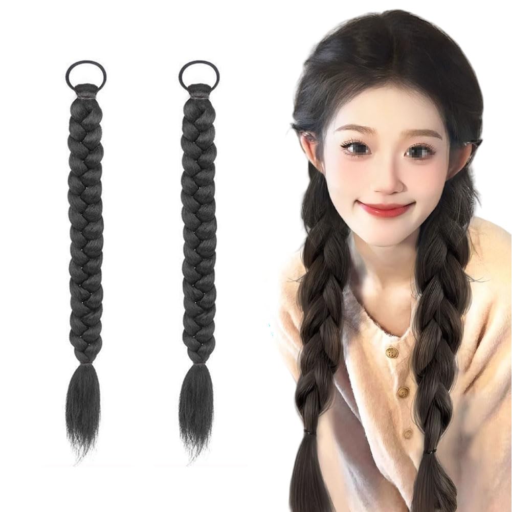 2Pcs Braided Ponytail Extensions with Hair Ties 16 Inch Soft Synthetic Hairs Pieces Hair Extension for Women Girls Daily Wear Parties (Natural Black)