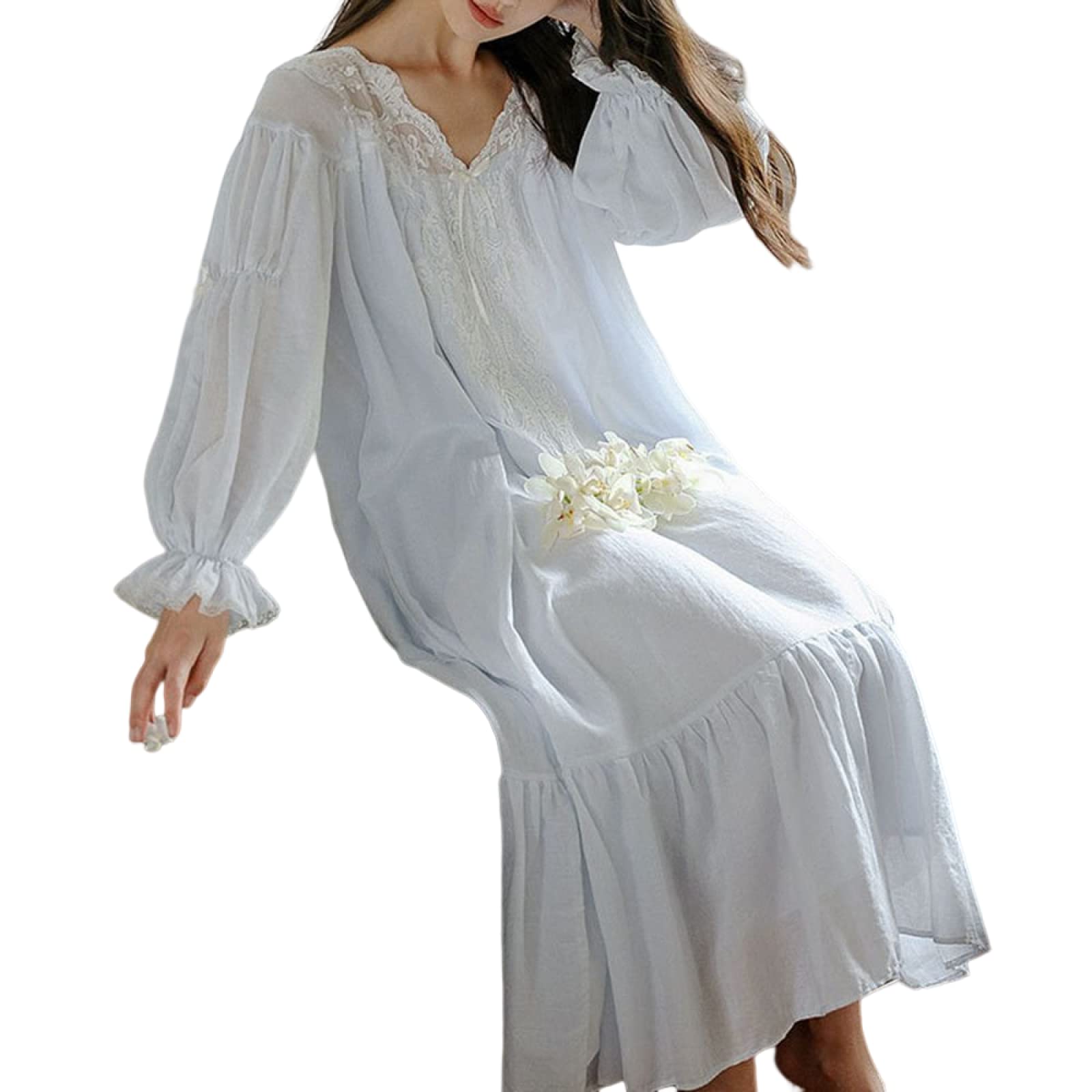 OFFSUM Camisón De Pijama De Mujer - Color Sólido V Cuello Camisón Casual Encaje Elegante Palacio Dulce Camisón Primavera Otoño Loungewear Ropa De Dormir Lencería