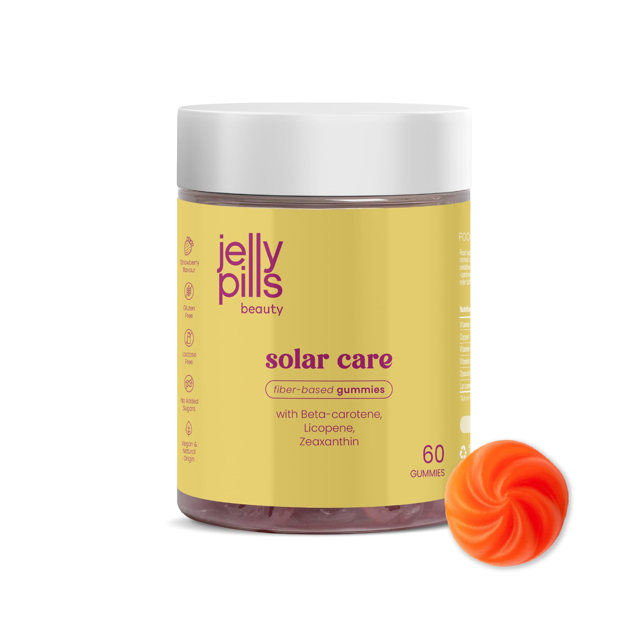 Jelly Pills® Beta Carotene Gummies with Lycopene, Copper and Vitamins A, C and E - No Sugar Added - 60 Strawberry Flavoured Vegan Gummies to Accelerate Your Skin's Tanning Process