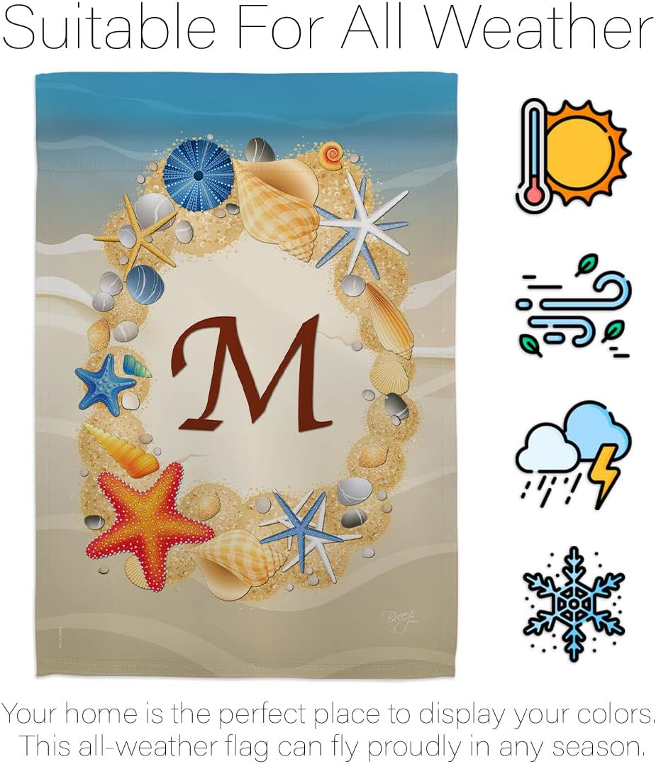 Breeze Decor - Summer M Initial Coastal - Everyday Beach Impressions Decorative Vertical House Flag 28" x 40" Printed in USA