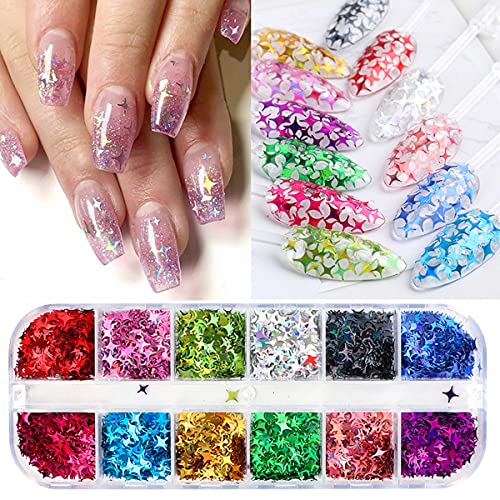 Stars Nail Art Glitter Sequins, 3D Stars Nail Glitter Flakes Design, Holographic Laser Star Acrylic Nails Supplies For Women Girls Manicure Sparkle Decorations, Diy Body Makeup Set(2 Boxes) #TOP3