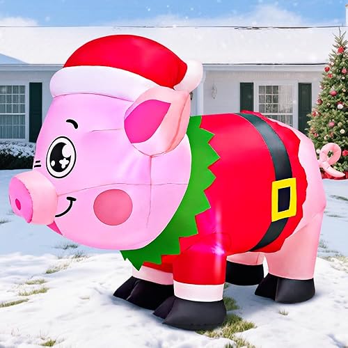 Miniatura 6 de KOOY Decoración inflable de Navidad de 5 pies de cerdo lindo de Navidad