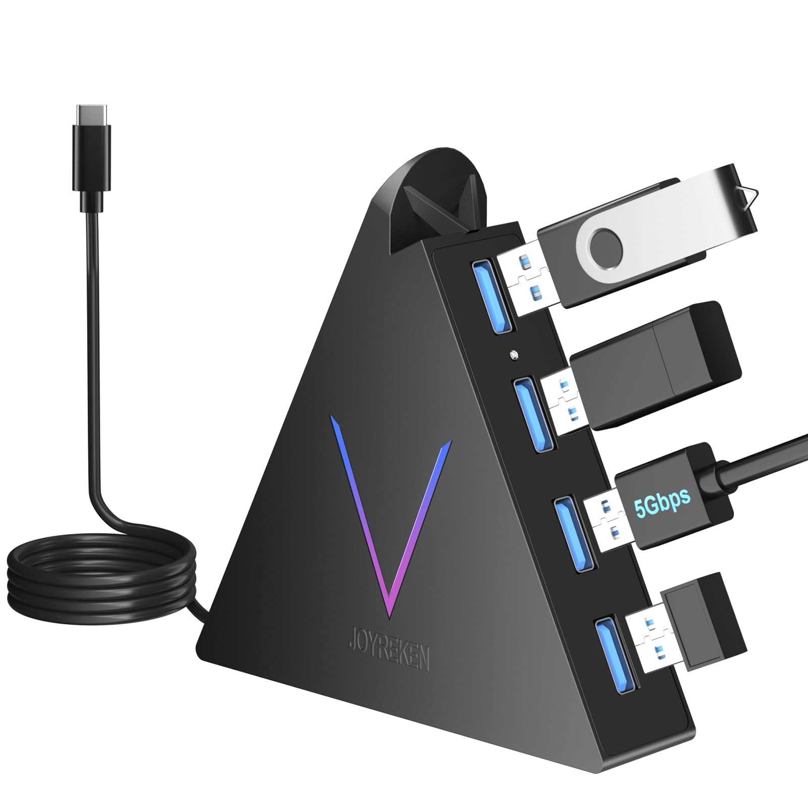 JoyReken USB 3.0 Hub,4 Port USB Hub Tower,2ft Cable USB Splitter for PC, Xbox One, PS4, PS5, iMac, Surface Pro, XPS, Laptop, Desktop, Flash Drive, Mobile HDD (Green)