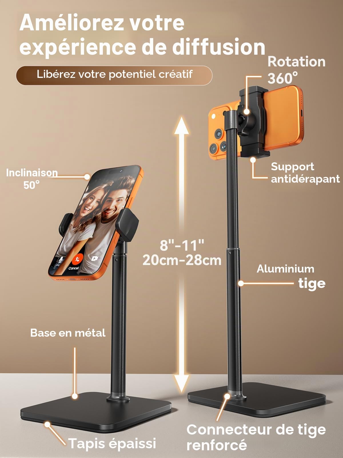 Tounee Support Téléphone Bureau, Réglable en Hauteur (8-11 Pouces) pour Lives, Vidéos & TikTok – Compatible avec iPhone 17/16/15, Samsung & Smartphones de 4-7 Pouces – Noir