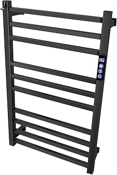 XBVV Black Towel Warmer Rack for Bathroom with Timer/Fahrenheit Display Electric Heated 10 Bars Drying Rail Plug-in or Hardwired Wall Mounted Heating Bath Towel Warming(Matte Black)