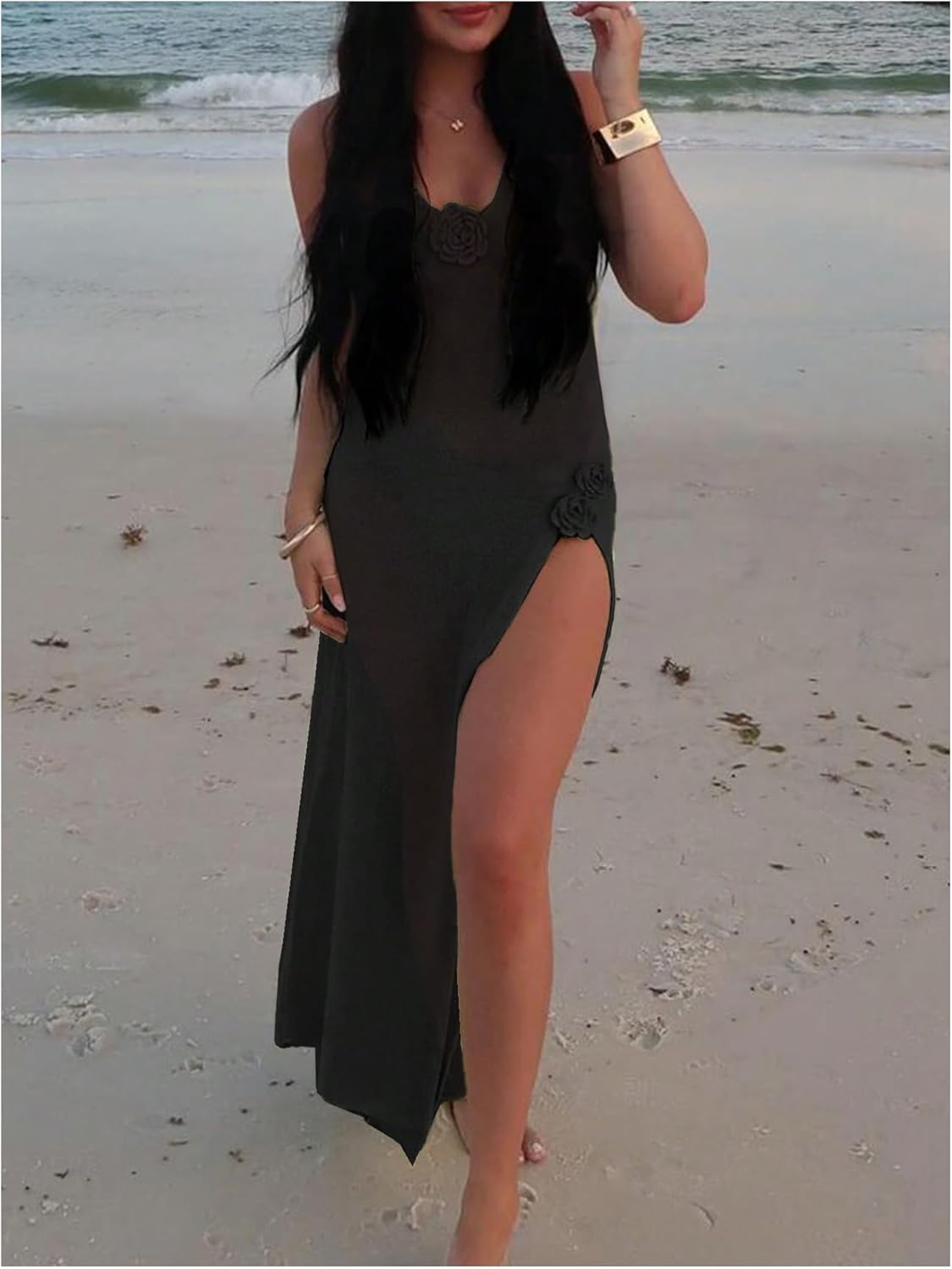 GORGLITTER Women's Flower Bow Halter Bodycon Maxi Dress Backless V Neck Sleeveless Summer Beach Vacation Sundresses - Image 3