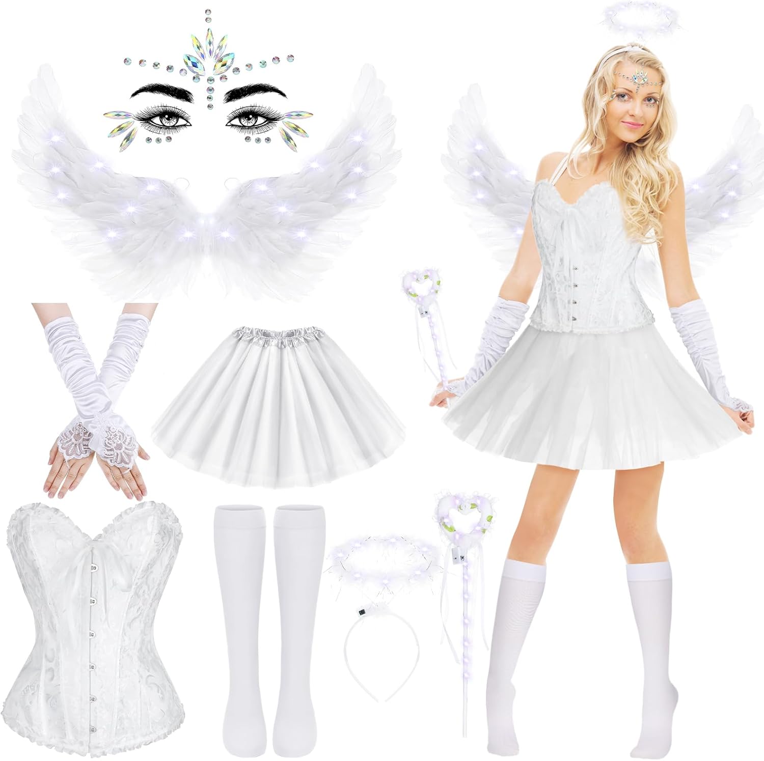 Panitay 8 Pcs Halloween Angel Costume Accessories for Women Light Up Wings for Halloween Christmas Cosplay Party(Medium)