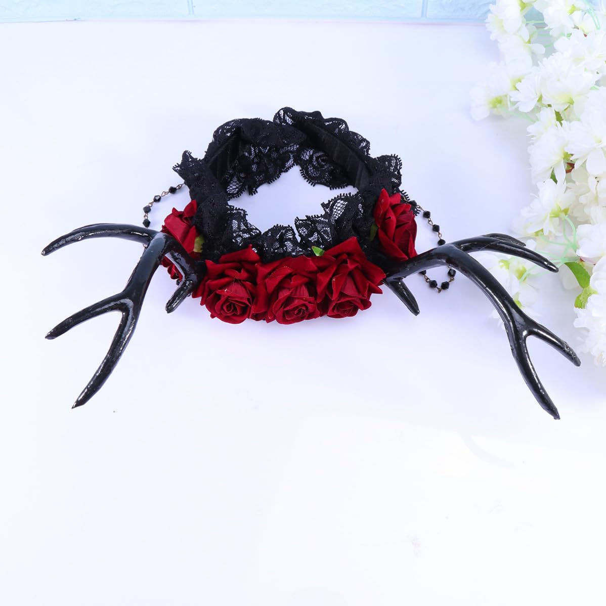 Creative Halloween Headband with Glitter Antlers and Gothic Roses Season