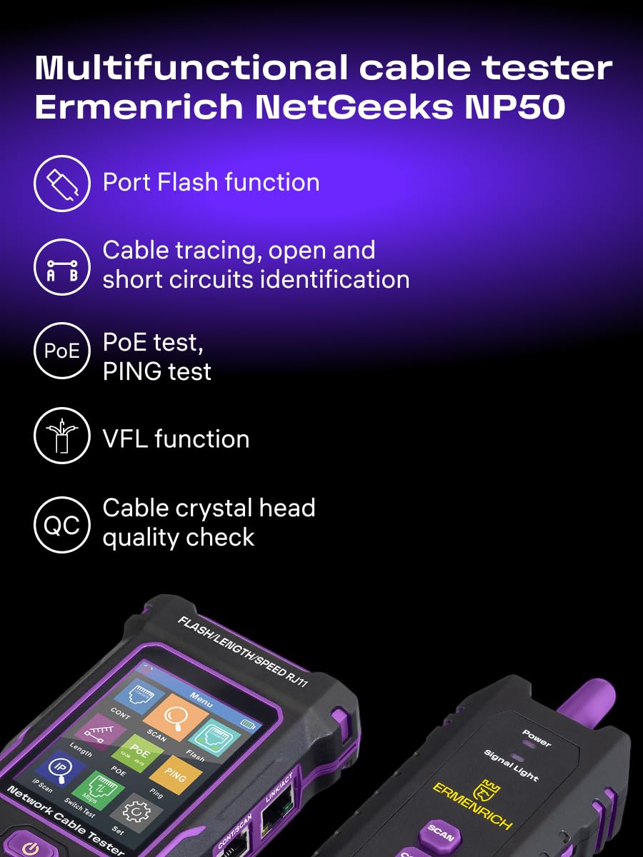 NetGeeks NP50 Tester per Cavi di Rete TDR PING PoE VFL e NCV RJ45 | CAT5/5E/6/6A con Scansione IP Test di Lunghezza del Cavo, Trova Guasti e Doppini Incrociati, Porta Lampeggiante, Controllo QC