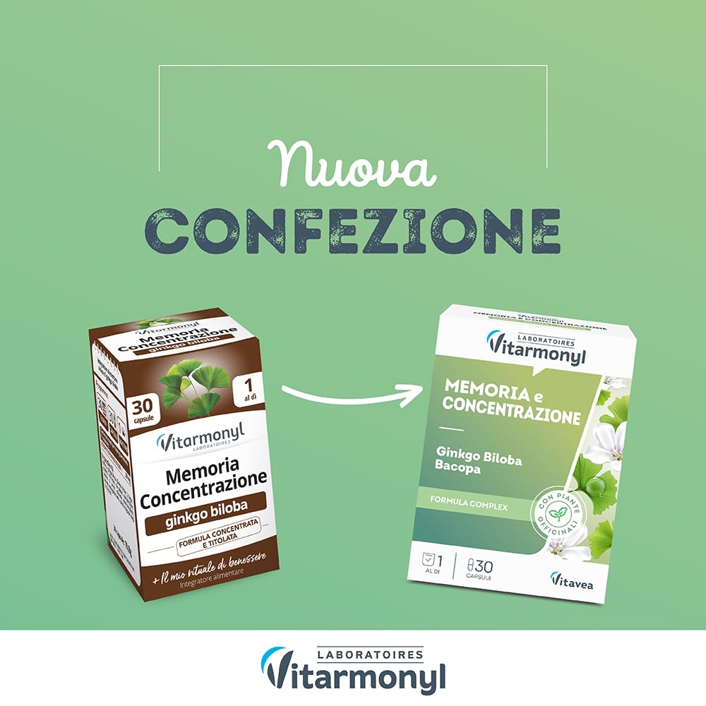 Memoria e Concentrazione - Integratore Alimentare con Ginkgo Biloba e Bacopa - Favorisce la Memoria e la Concentrazione - Benessere Mentale - Antiossidante - 30 capsule - Vitarmonyl