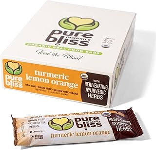 Organic Real Food Bars (Turmeric Lemon Orange) Grain Free - Paleo Friendly - Non-GMO, Gluten Free, Vegan, Nutrition Bars, Super Food Energy Bars, Ayurvedic & Adaptogen Herb Blend, Healthy Snack, Breakfast Bars, Dairy Free, Soy Free, Pure Bliss Organics (1.7 oz, 12-Pack Case)