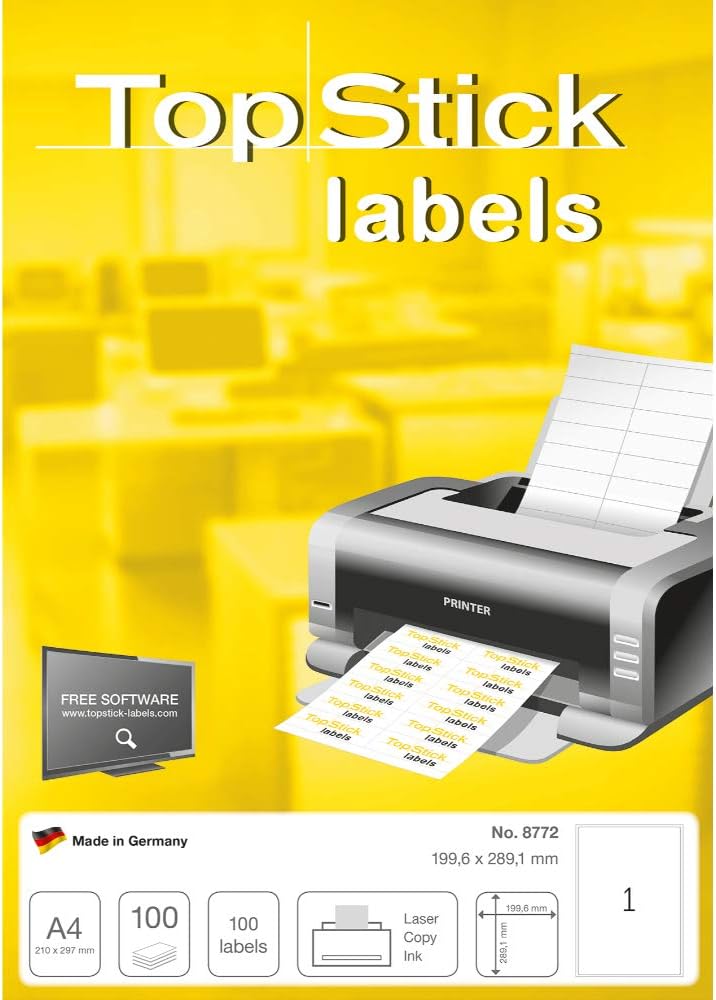 TopStick 8772 Parcel Shipping Paper Labels, 1 Labels Per A4 Sheet, 199.6 x 289.1 mm, 100 Labels, Self Adhesive, Stickers for Laser and Inkjet Printers, White
