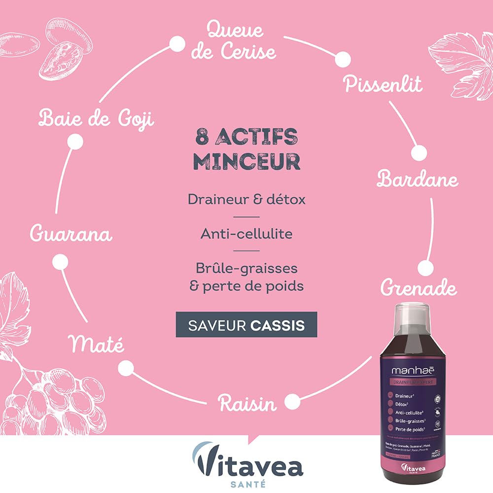 Manhaé - Draineur Expert - Draineur, Détox, Perte de Poids - Guarana, Baie de Goji, Grenade, Bardane, Queue de Cerise - 500ml - 10 jours - Saveur Cassis - Fabriqué en France - Vitavea (Lot de 2)