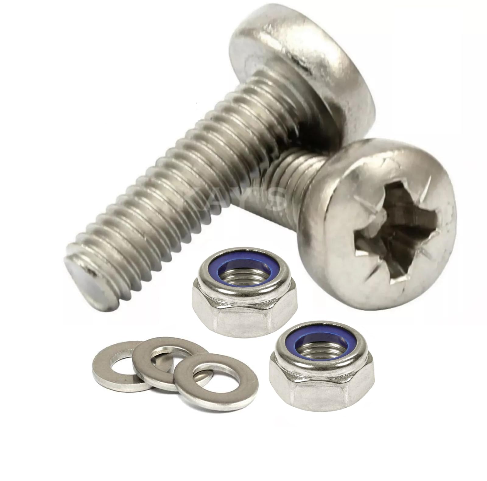 M5 Pozi Pan Machine Screws + Nylocs Nuts + Washers A2 Stainless Steel (50, M5 x 70mm)