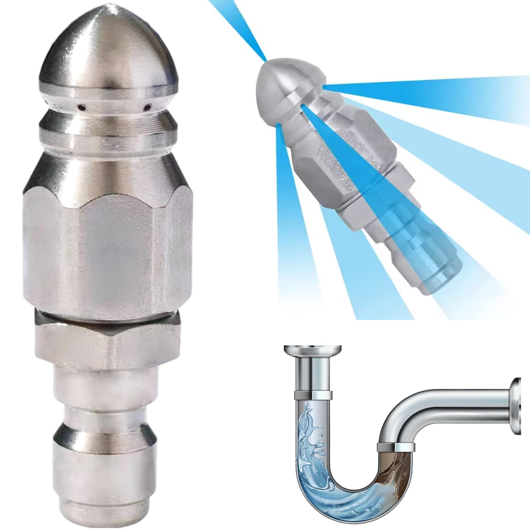 Vervevum Sewer Jetter Nozzle Portable Sturdy Stainless Steel Drain Cleaning Jetter Nozzle for Pressure Washer