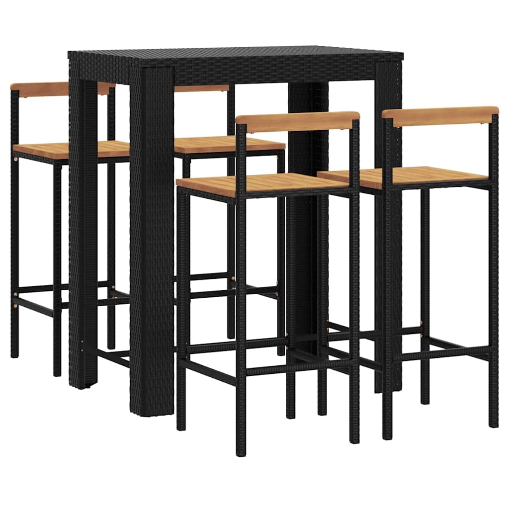 Juego de 5 barras de jardín negro de ratán de polietileno y madera de acacia para terraza, balcón, jardín, porche, exterior, salón con taburetes y mesa para fiestas relajadas y relajantes