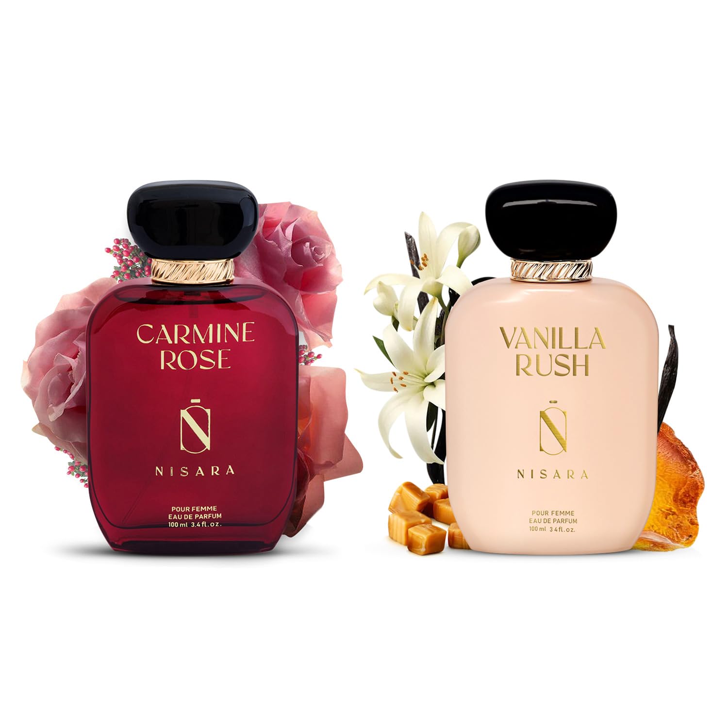 Nisara Vanilla Rush & Carmine Rose Perfume for woman 100ml*2 | Long Lasting Eau De Parfum | Ambery Vanilla, Floral Fragrance with | Caramel, Rose, Berries, Jasmine, Musk, Amber| EDP Scent spray for Woman | Premium Perfume For Her