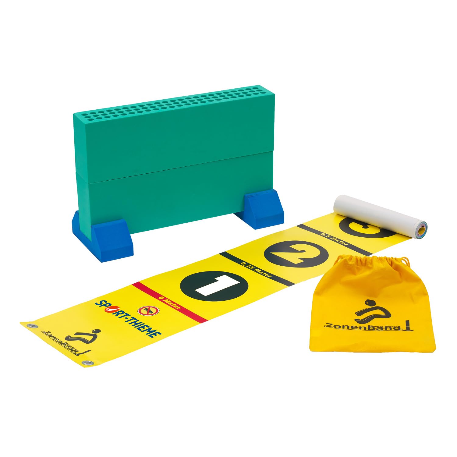 BlockX Weitsprung-Set One | Inkl. Zonenband mit 4-farbig bedruckten 25 cm Zonen | Für Schulen, Vereine, Kinder | Lern- und Messhilfe | Leichtathletik | Springen