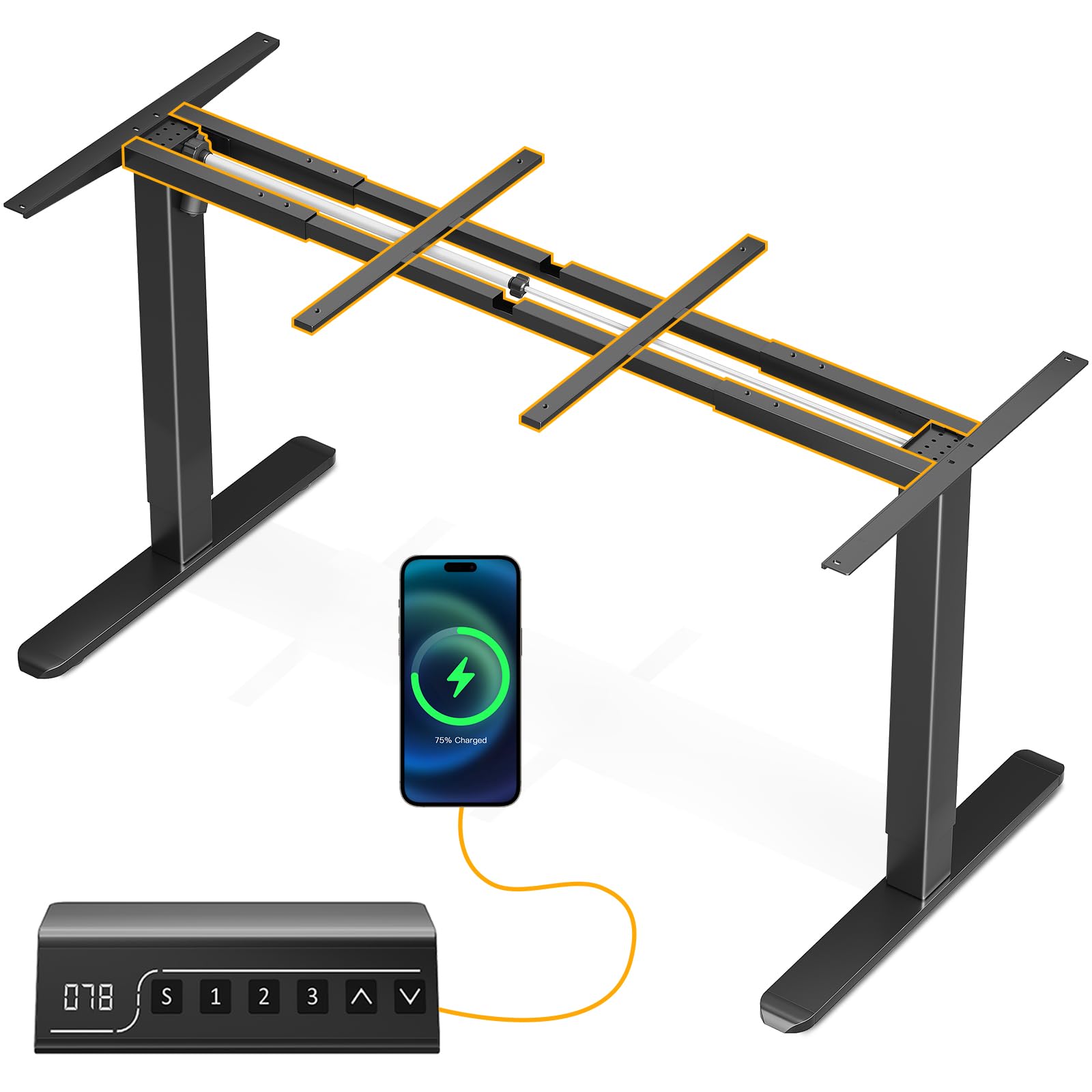 OffiGo Mesa Escritorio Elevable, Patas Escritorio Elevable con USB Enchufe, 2 Barras Más Gruesas y 3 Mandos con Memoria, Negro