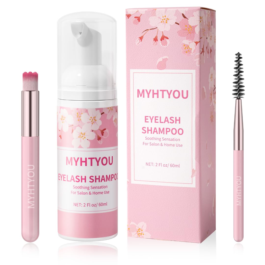 Eyelash Extension Cleanser, Upgraded Eyelash Extension Shampoo 60ML+Mascara Wand+Brush Eyelash Foam Cleanser For Extensions and Natural Lashes
