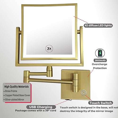 Miniatura 4 de RECKODOR Espejo de maquillaje cuadrado de 8 pulgadas con luces y aumento, 1X3X de doble cara extensible para tocador de baño con luces, espejo de