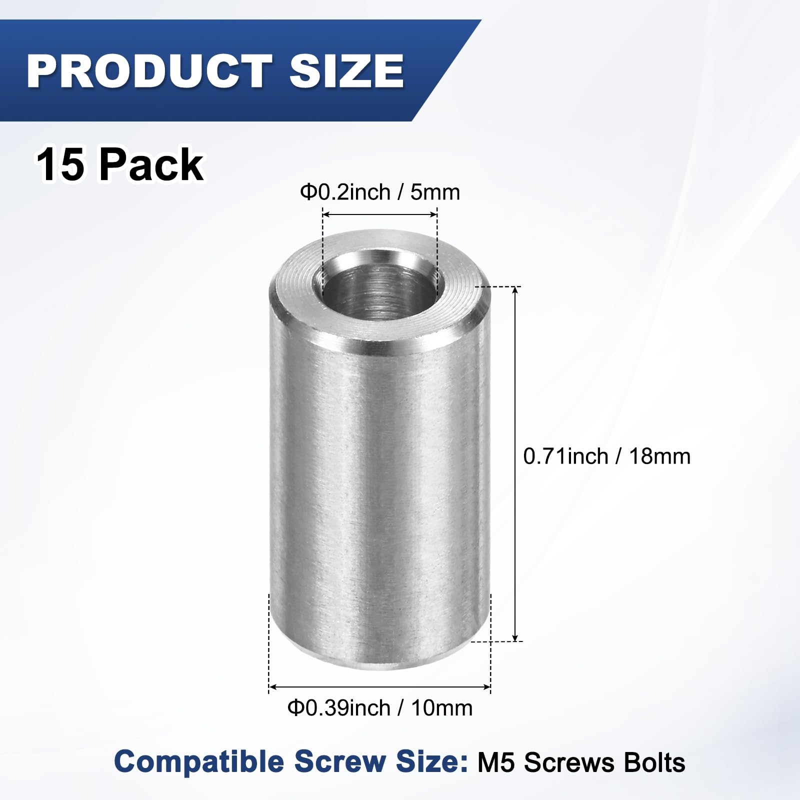 M METERXITY 15 espaciadores de acero inoxidable M6 304 de 5 mm de diámetro interior x 10 mm de diámetro exterior x 18 mm de largo, buje de separación de tornillo de metal, acabado liso, espaciador