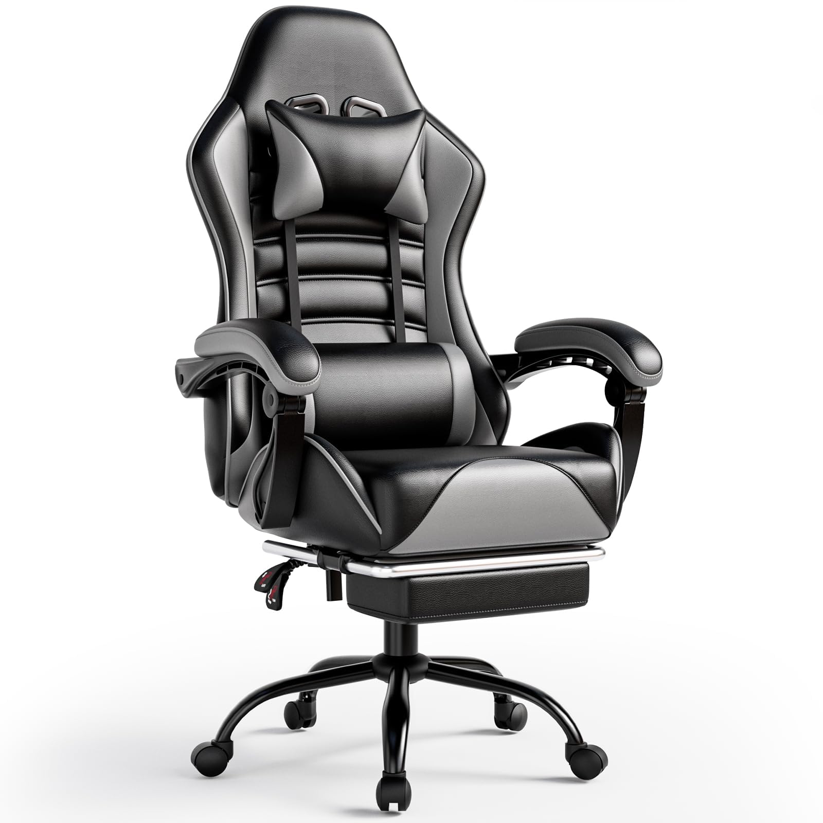 Sillas Gaming con Reposapies, Silla Gamer Adulto con Respaldo Lumbar, Silla Escritorio Gaming Ajustable en Altura, Silla Ordenador en Piel Sintética (Cojín Lateral, Gris)