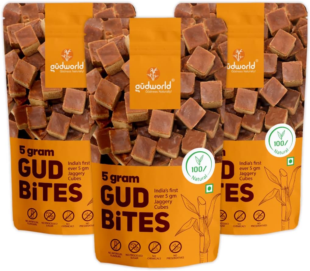 Gudworld Jaggery Cubes I 5 Gram Gud Bites I 750 gm (Pack of 3 x 250 gm) I Bite Size Small Sugarcane Jaggery Cubes I Gud I Healthy Sugar Alternative I 100% Natural I No added Chemicals I No added color I
