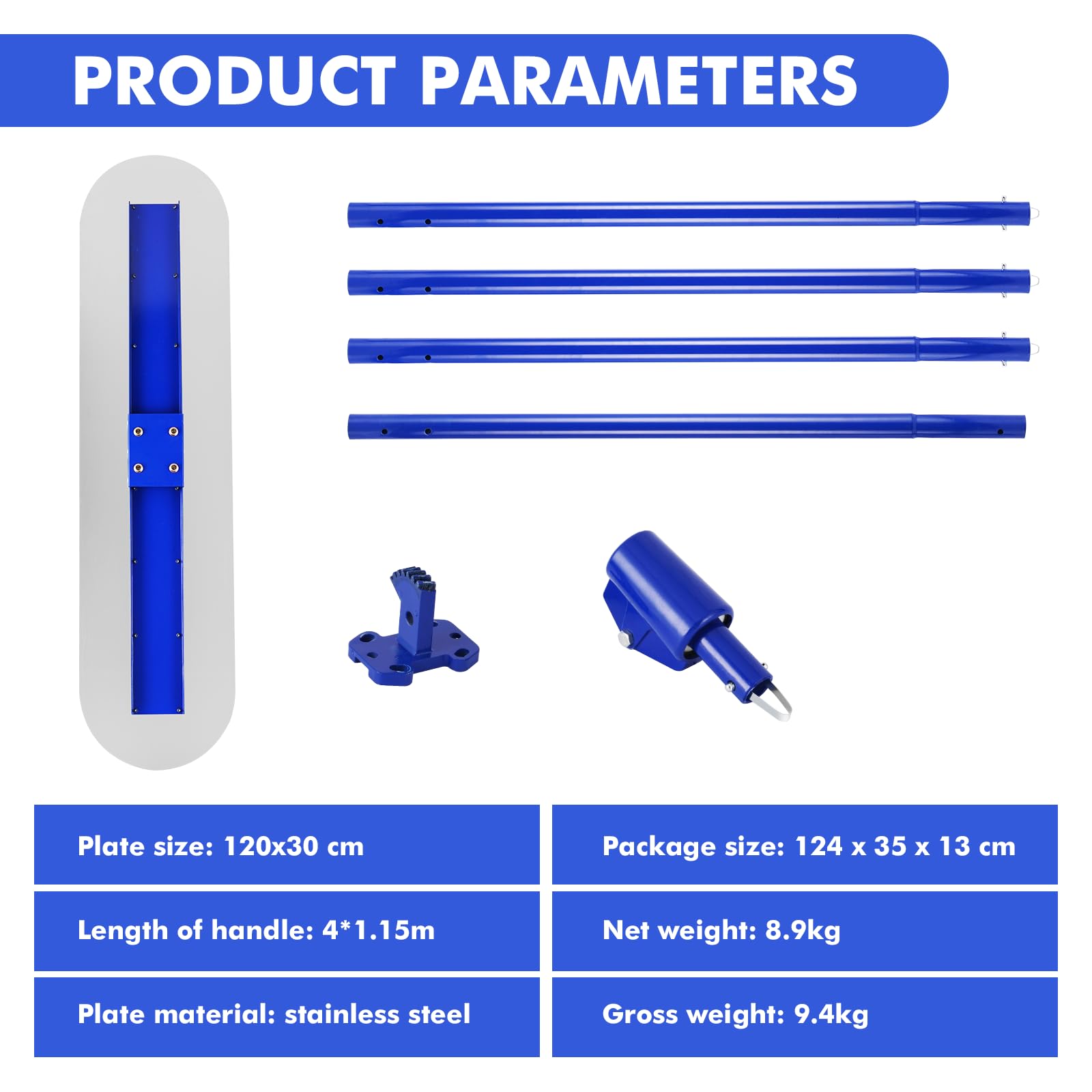 YJINGRUI Piastra per calcestruzzo 120 x 30 cm, distributore di cemento con manico 4 x 1,15 m, per la posa di pavimenti in cemento e cemento, kit Bull Float Concrete (blu)