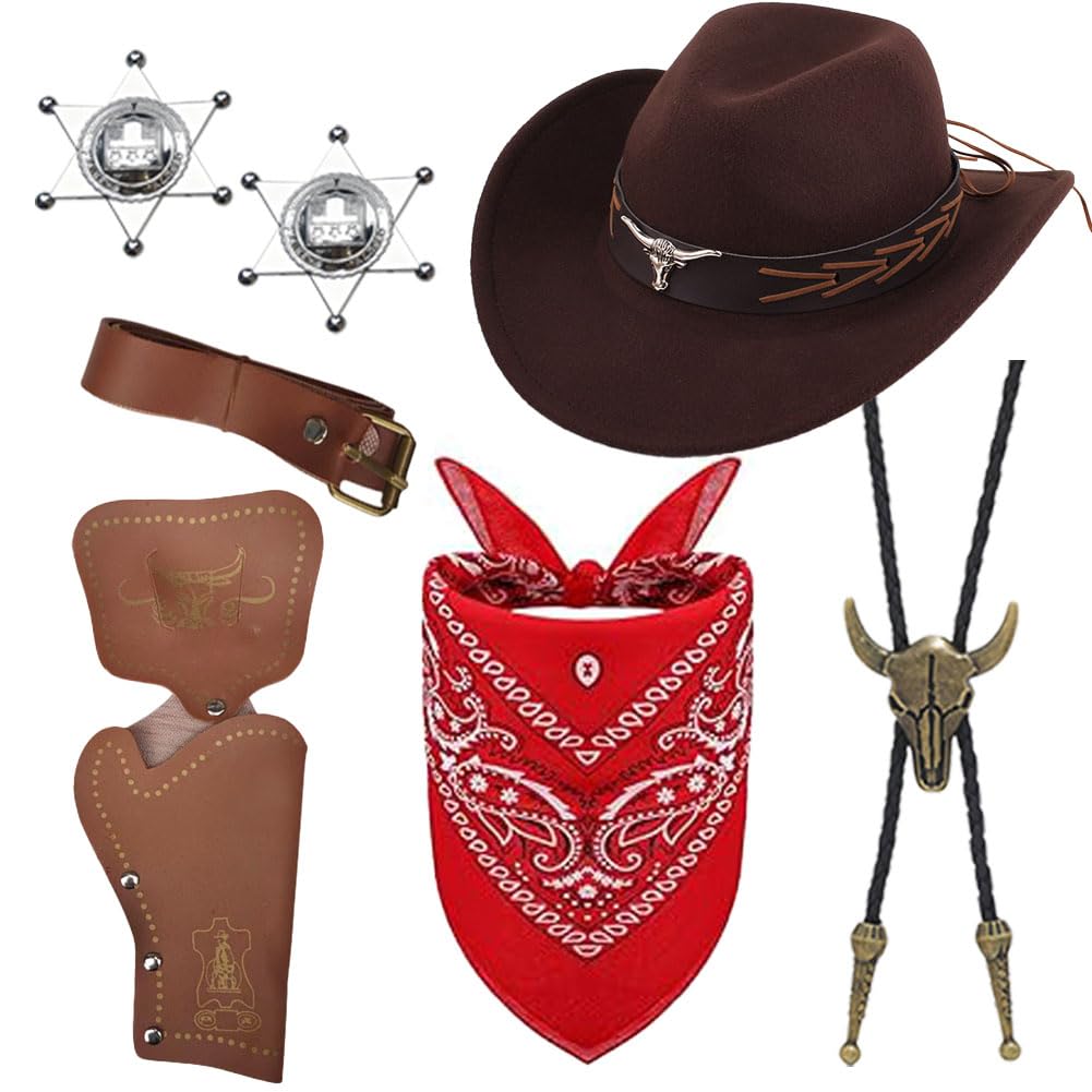 Cowboy Fancy Dress Accessories Set, 7PCS Cowboy Hat Costume Set with Hat Necklace Belt Bandana Western Outfit Accessories Sets Carnival Costume Sets Western Fancy Dress for Adults Cosplay(Brown) — image 1
