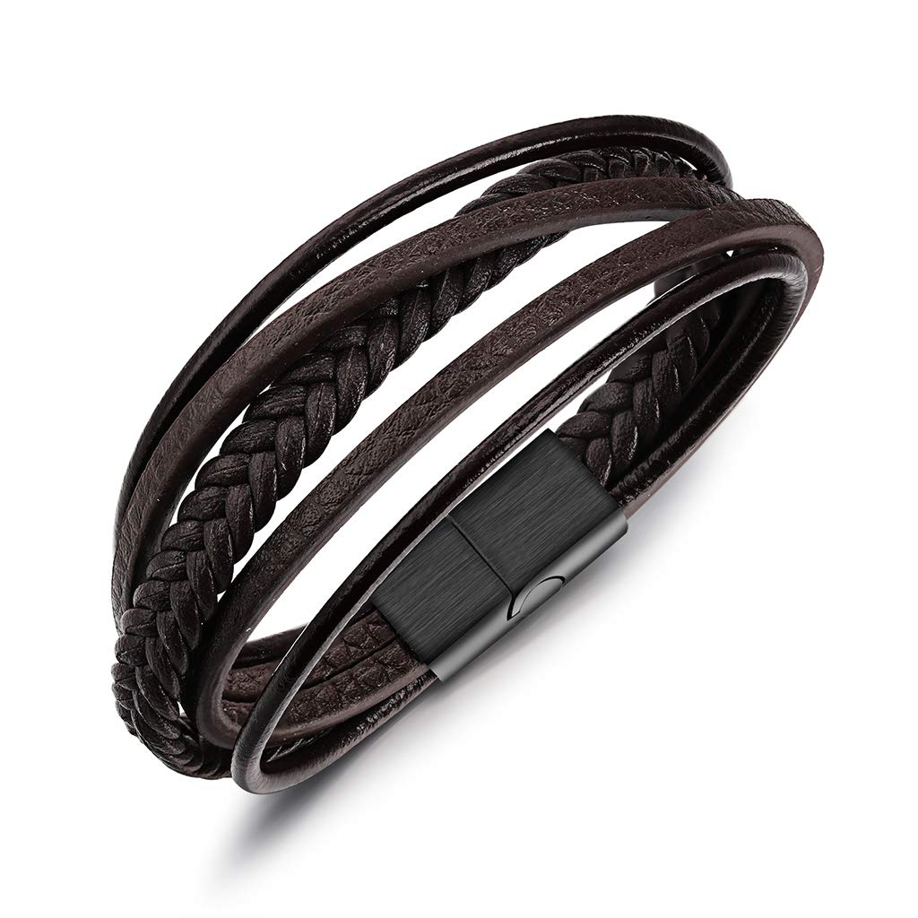 FPEAOB Pulsera de piel para hombre – Titanio acero inoxidable – Pulsera de piel auténtica – Pulseras de cuero – Cierre magnético – Negro-Marrón – Trenzado – Caja de regalo